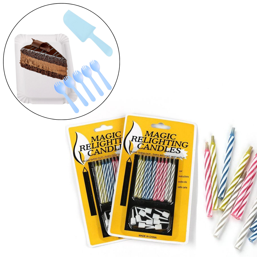 Magic Candle Set Multicolor w/ Blue Knife, Fork & PLate Set - 26PC