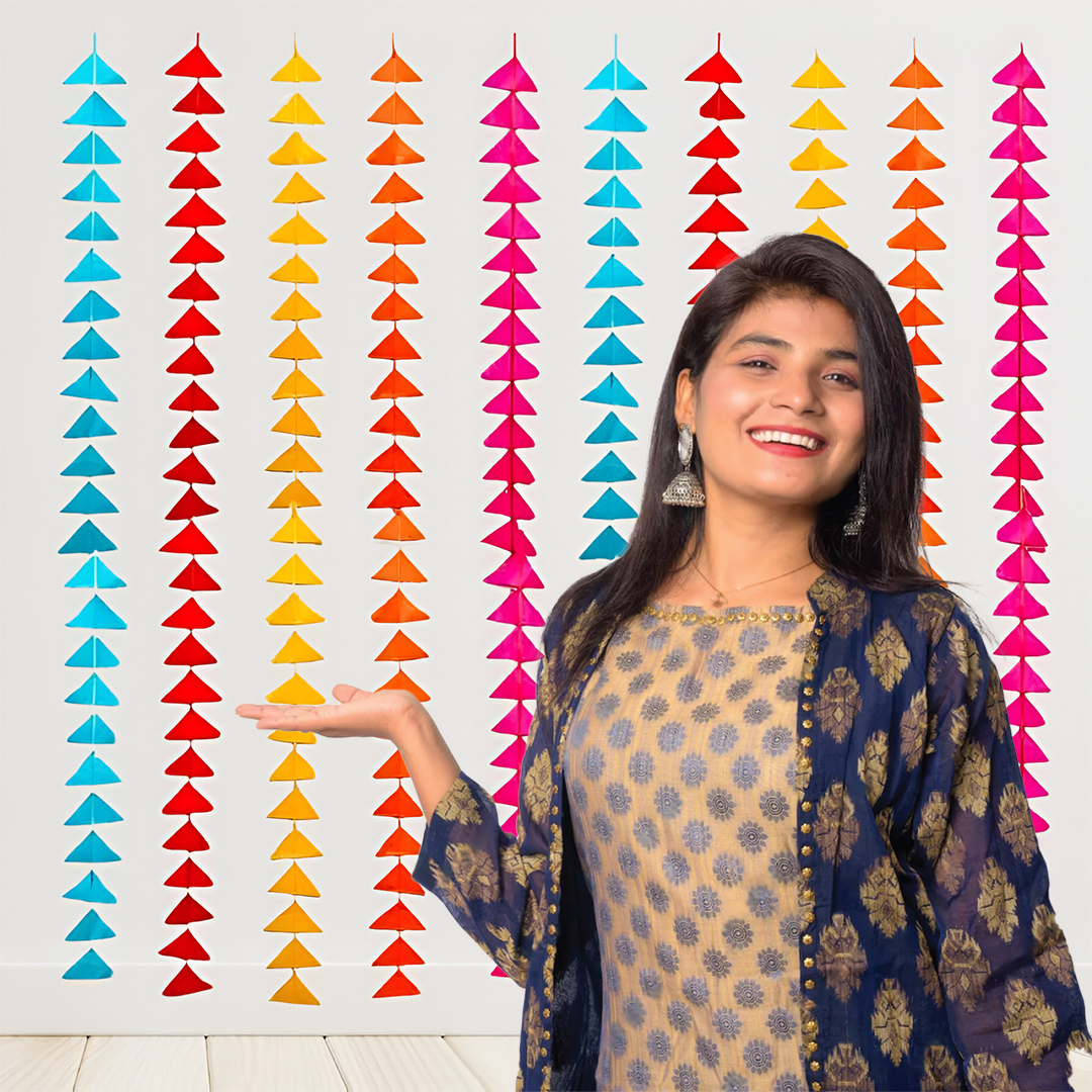 Decorative Triangle Toran,Triangle Cloth Garlands 4Ft. Hanging For Mehndi, Haldi, Wedding,Pongal,Festive Backdrops-Pack of 10