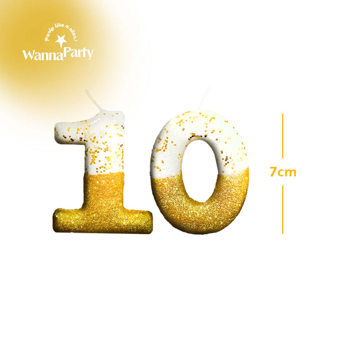 No. 10th Birthday Candle Gold & White w/ Glitter Dust - 1PC