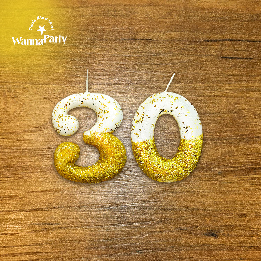 No. 30th Birthday Candle Gold & White w/ Glitter Dust - 1PC