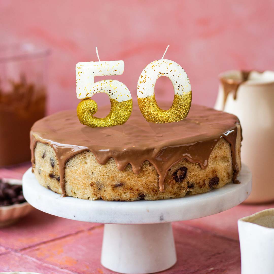 No. 50th Birthday Candle Gold & White w/ Glitter Dust - 1PC