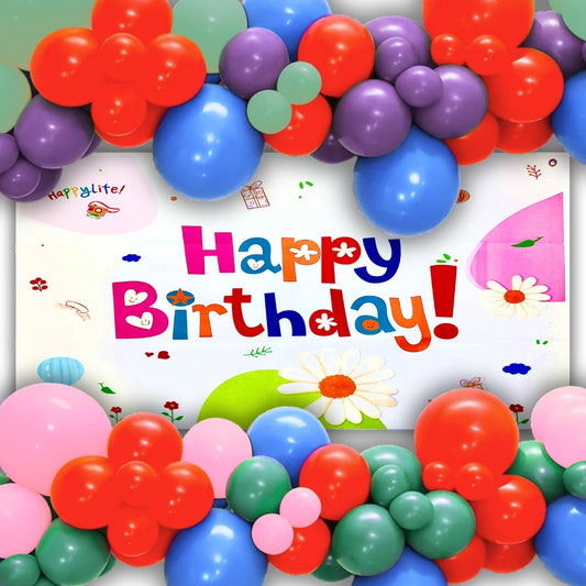 Happy Birthday Banner, Flag Bunting and Balloons