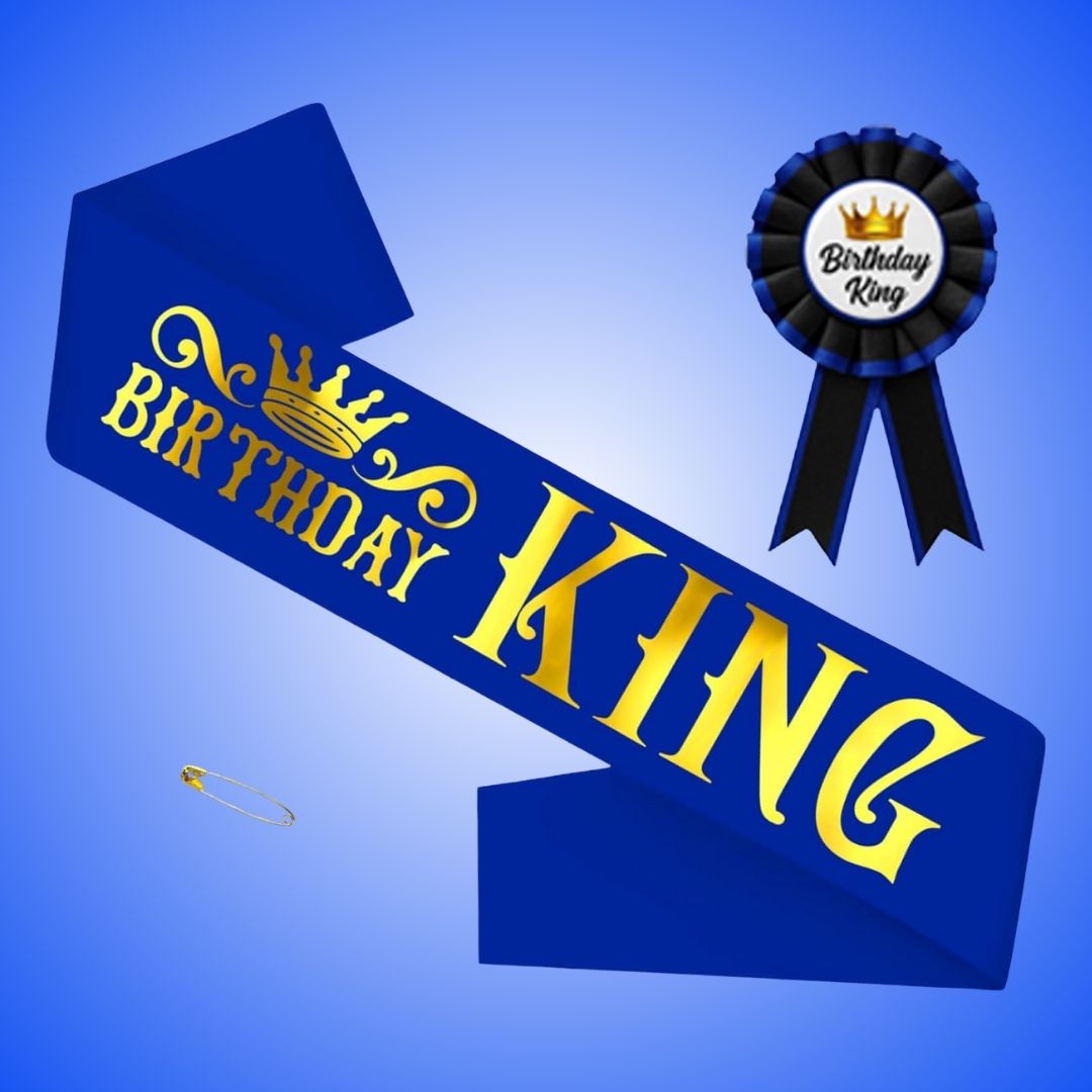 Birthday King Sash & Birhday Crown and Birthday Boy Badge Award Ribbon Button Pin Combo Kit - Set of 3
