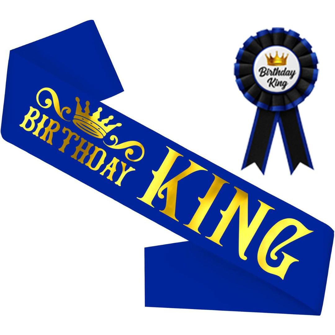 Birthday King Sash & Birhday Crown and Birthday Boy Badge Award Ribbon Button Pin Combo Kit - Set of 3