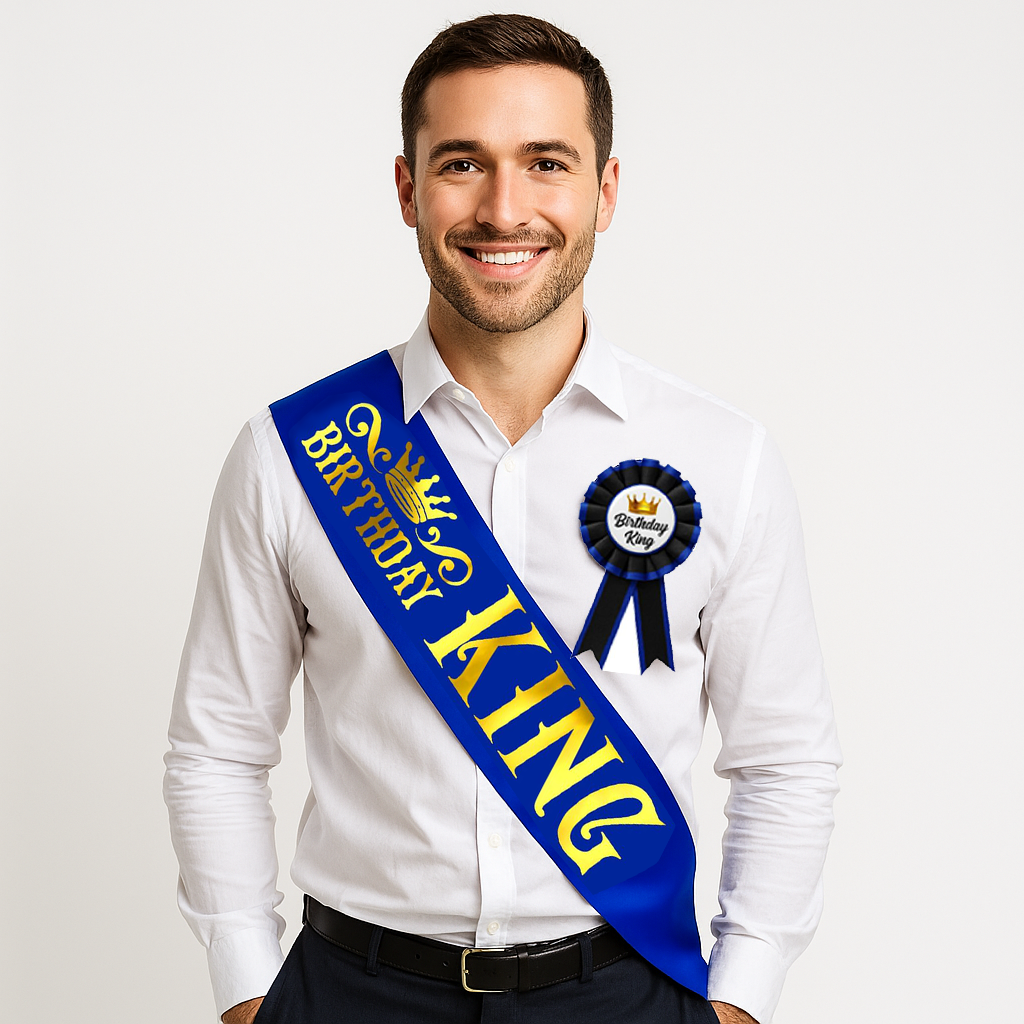 Birthday King Sash & Birhday Crown and Birthday Boy Badge Award Ribbon Button Pin Combo Kit - Set of 3