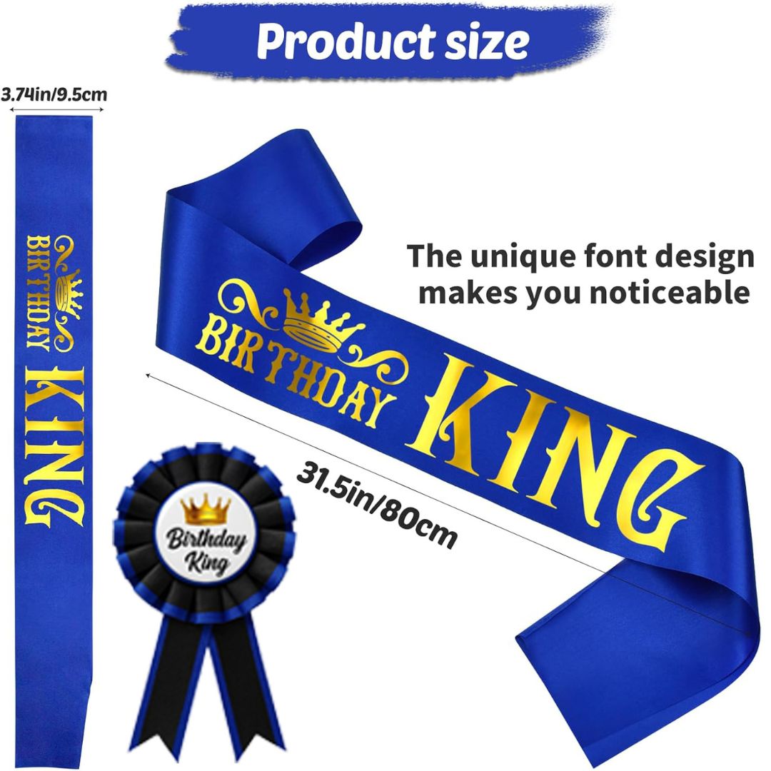 Birthday King Sash & Birhday Crown and Birthday Boy Badge Award Ribbon Button Pin Combo Kit - Set of 3