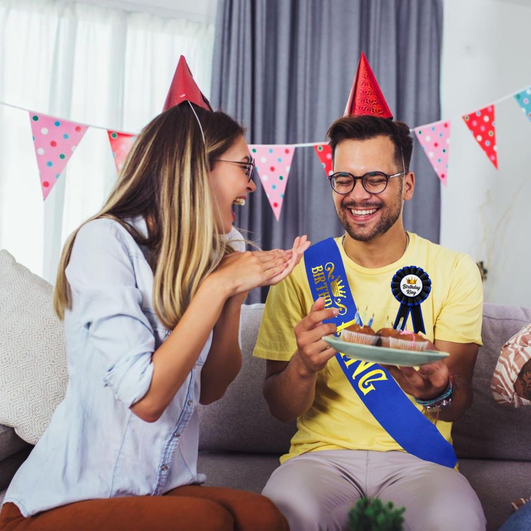 Birthday King Sash & Birhday Crown and Birthday Boy Badge Award Ribbon Button Pin Combo Kit - Set of 3