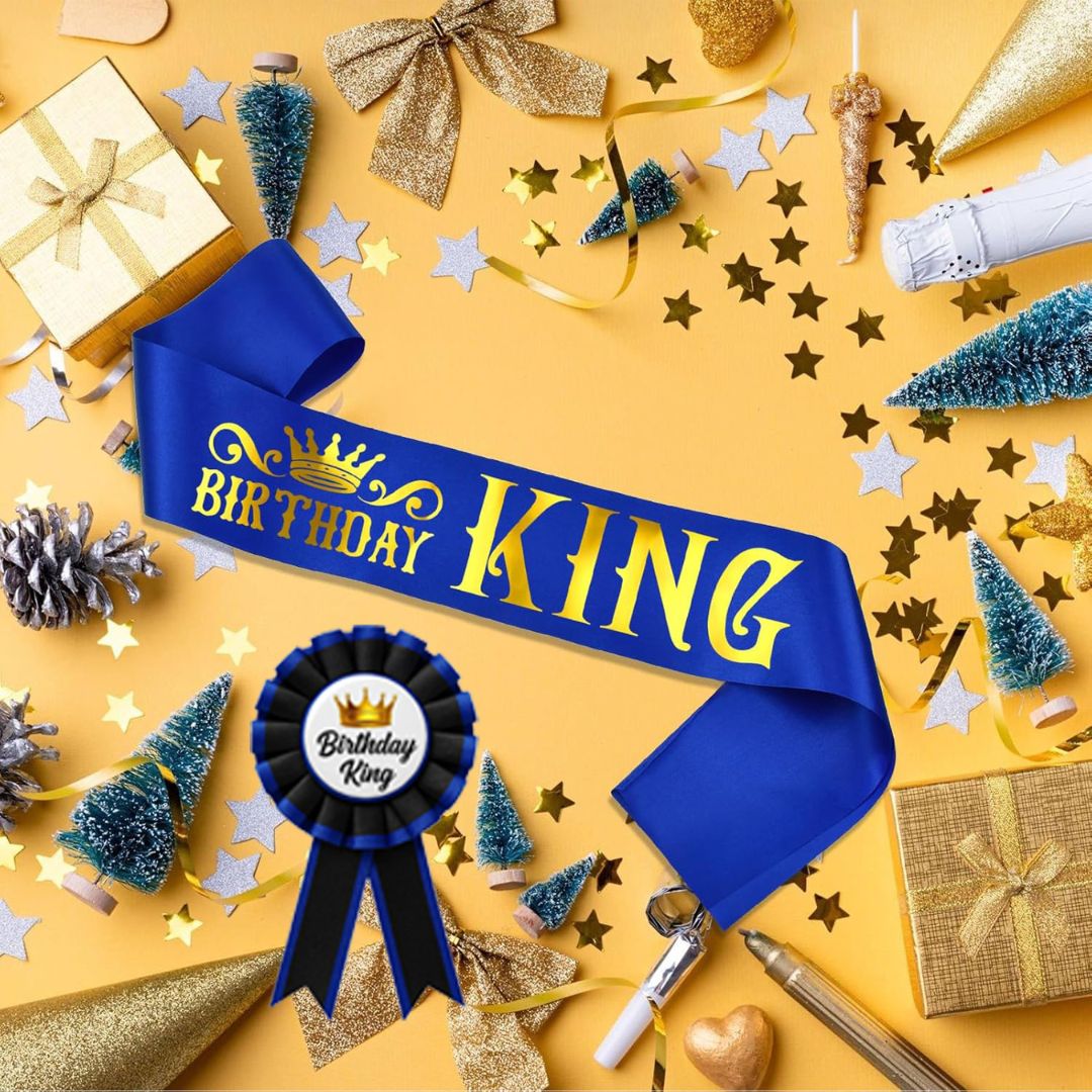 Birthday King Sash & Birhday Crown and Birthday Boy Badge Award Ribbon Button Pin Combo Kit - Set of 3