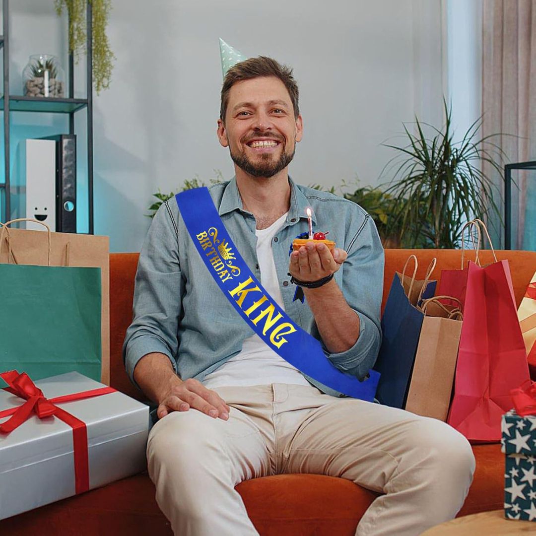 Birthday King Sash & Birhday Crown and Birthday Boy Badge Award Ribbon Button Pin Combo Kit - Set of 3