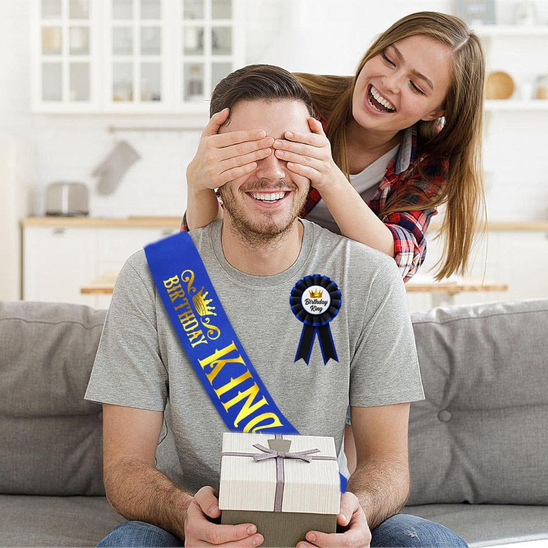 Birthday King Sash & Birhday Crown and Birthday Boy Badge Award Ribbon Button Pin Combo Kit - Set of 3