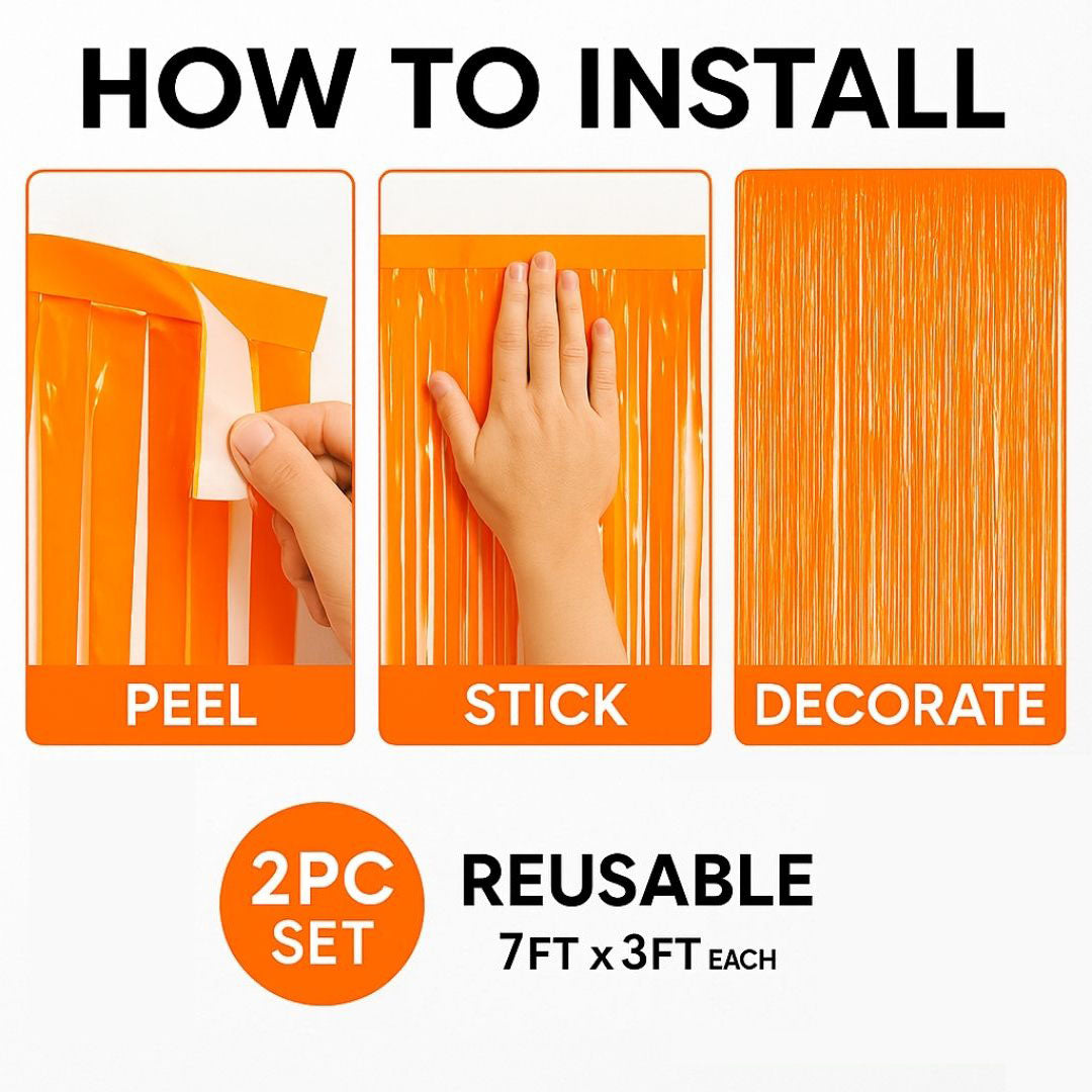Neon Orange Foil Curtain 2Pcs - Textured Shiny Backdrop Decor | Wanna Party - Image 3
