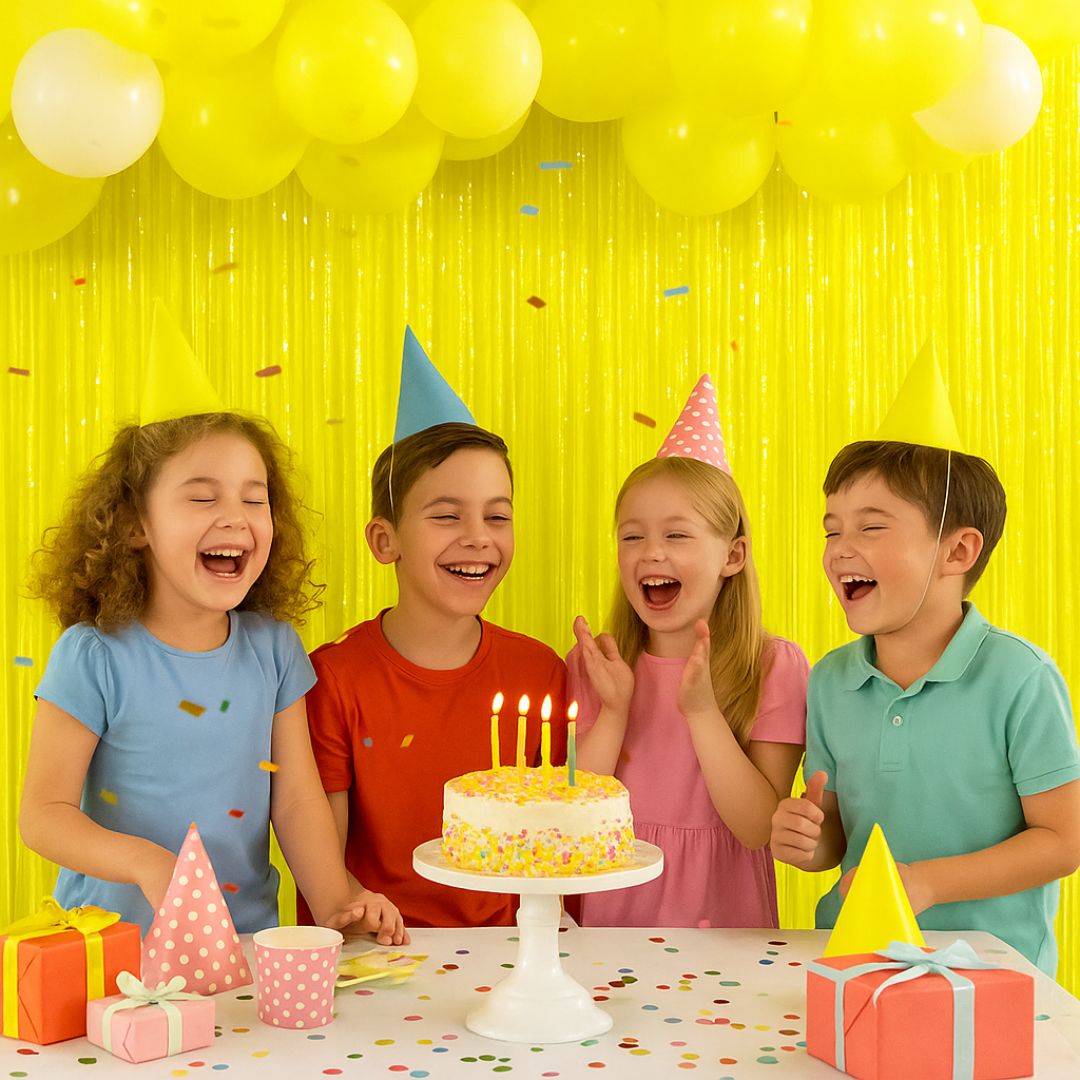 Neon Yellow Foil Curtains Backdrop 2 Pack - Bright Decor | Wanna Party - Image 2