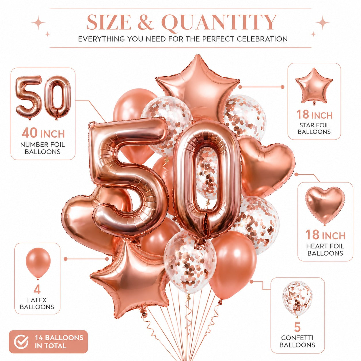 Giant Rose Gold No. 50 Foil & Latex Balloon Set - 16 PCS