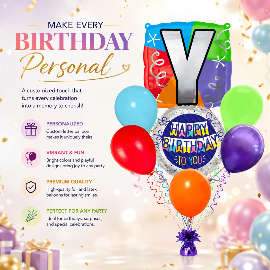 Customizable Alphabet "Y" Square Shaped Balloon with Customized Name Stickers Bouquet Set of 7PC | Customizable Name Inital Balloons| Choose Your Name