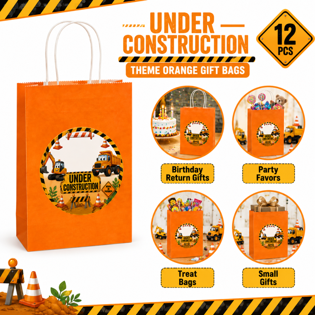 Under Construction Theme Orange Gift Bags - 12PC