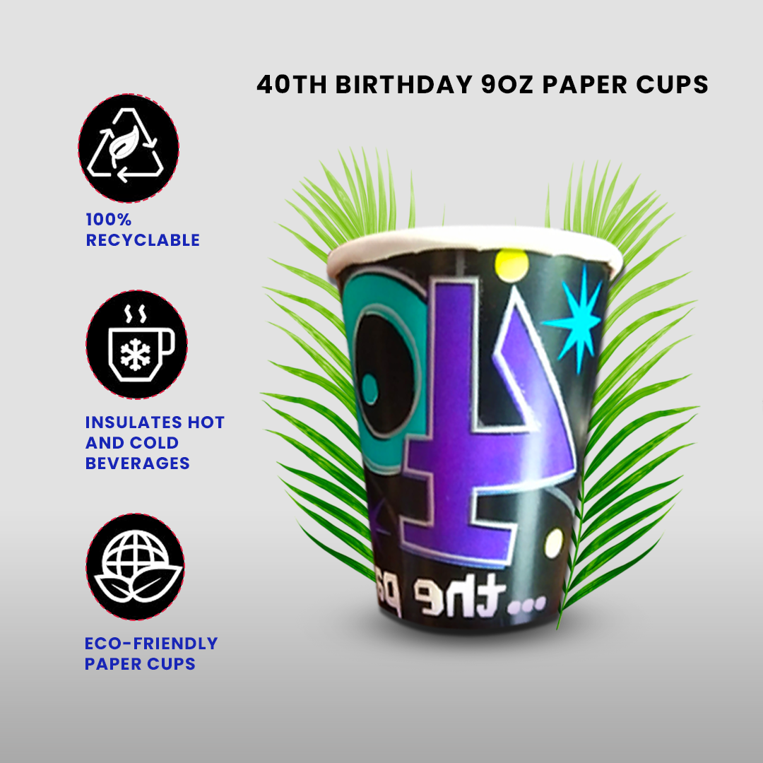 40th Birthday Party Paper Cups 9 Oz (266 ml) – Pack of 8