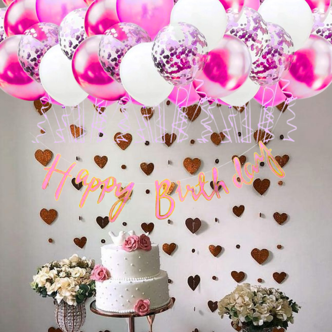 Hot Pink Happy Birthday Cursive Banner w/ White & Pink Confetti Balloons and Wall Hooks Birthday Combo - Set of 13PC