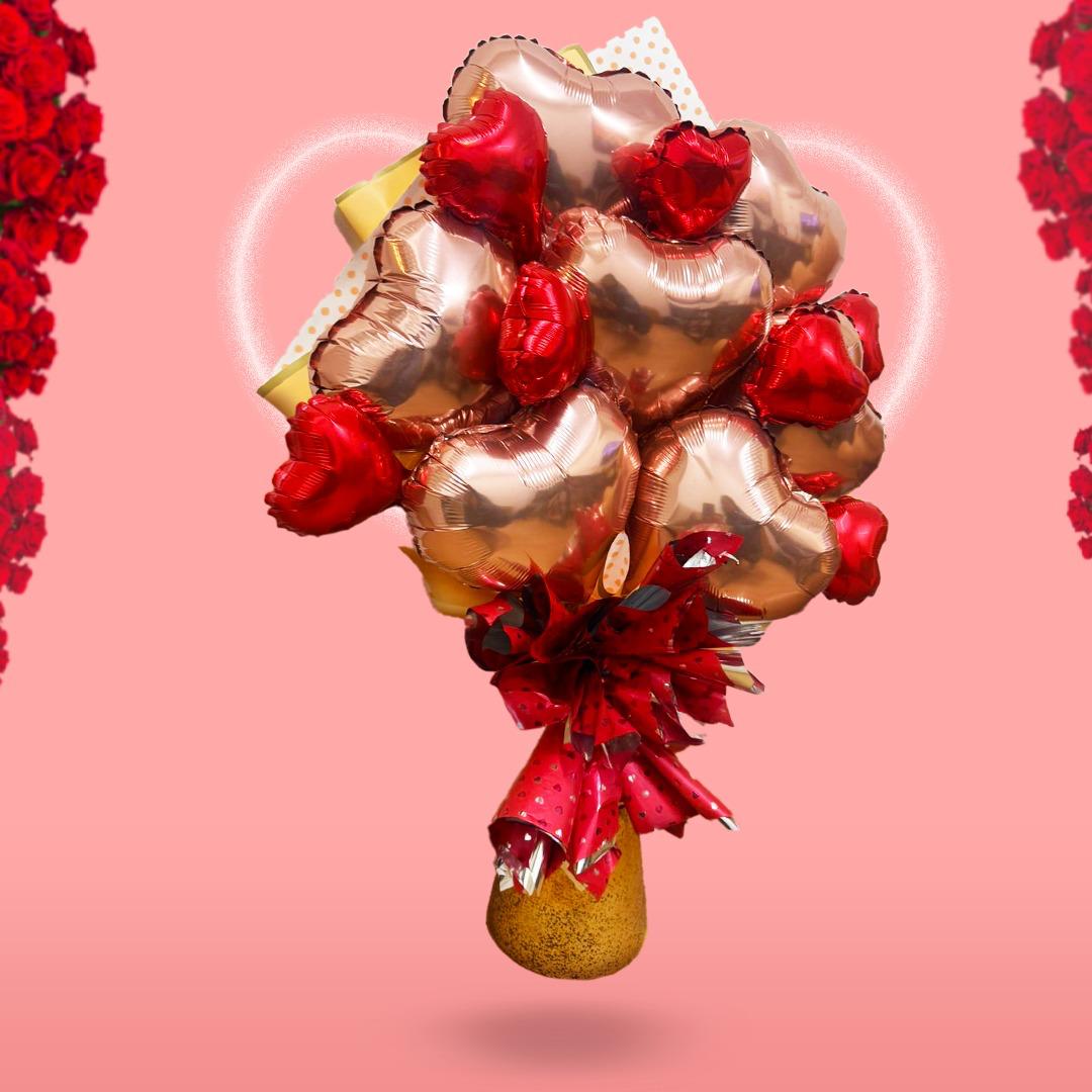 Rose Gold & Red Heart Shape Foil Balloon Bouquet Set - 14PC
