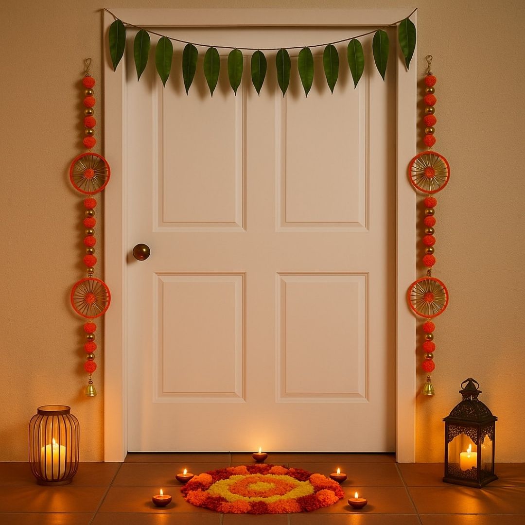 Artificial Orange Marigold Flower Hanging with Rings and Bell Hanging - 2PC