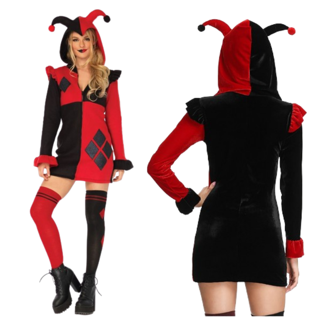 Super Villain Harley Quinn Comic Red & Black Women Costume with Hood - Size M - Bust - 34 inches
