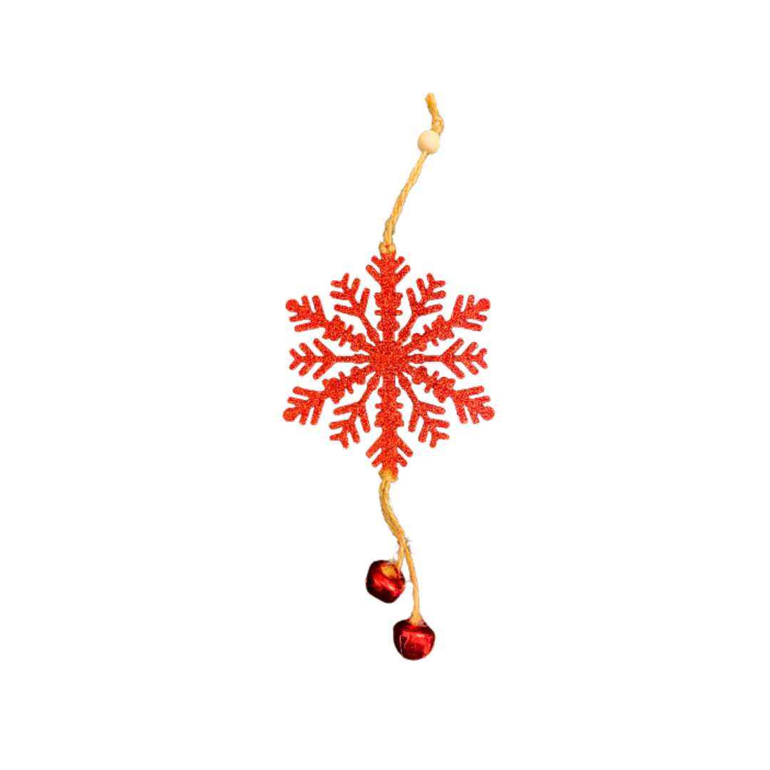 Christmas Tree Ornaments - Assorted Red Glitter Hanging Decoration with Bells - 4PC