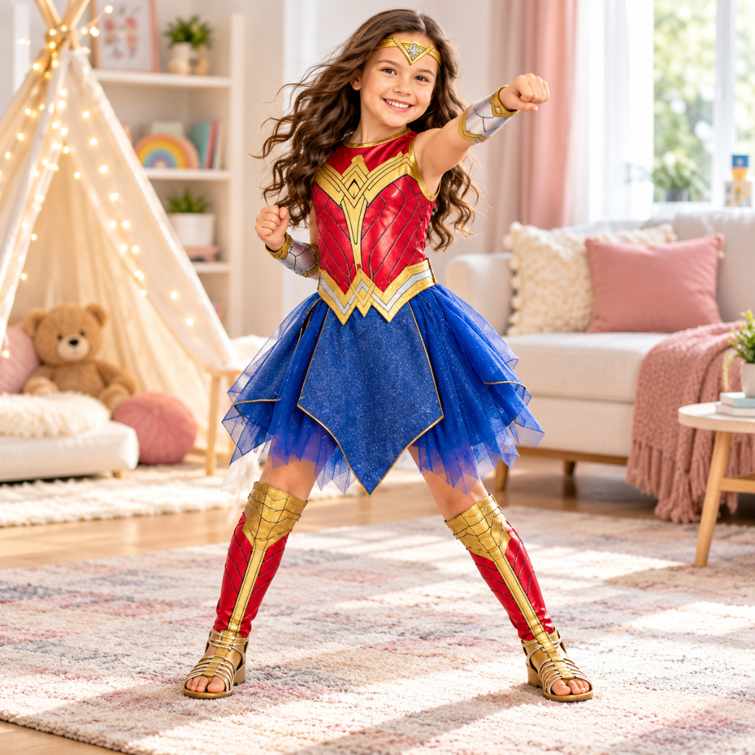 Deluxe Superhero Girl Costume - Size S | Red, Blue & Gold Kids Fancy Dress for Birthday Parties, School Events & Role Play