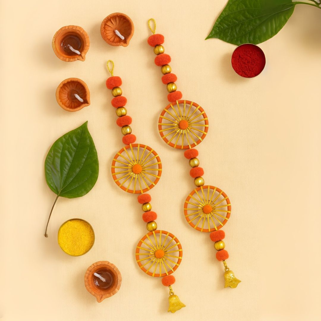 Artificial Orange Marigold Flower Hanging with Rings and Bell Hanging - 2PC