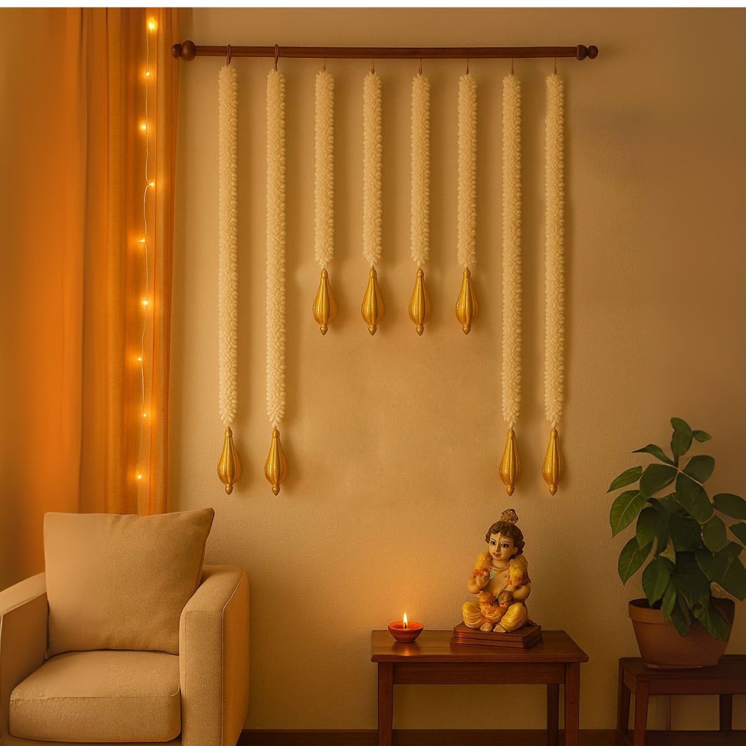 Artificial White Mogra Flower Garland Big and Small with Golden Bud - 8PC