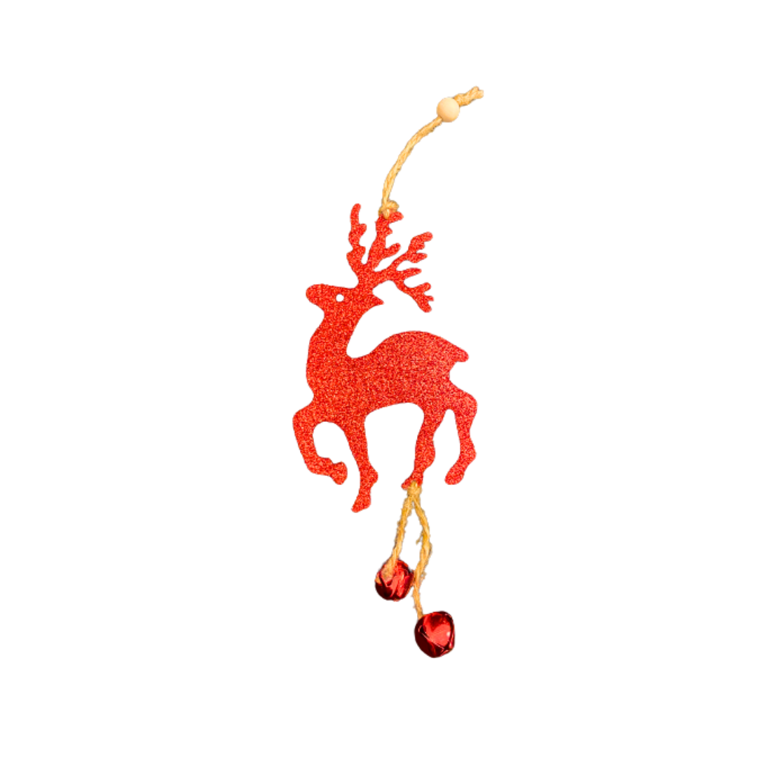 Christmas Tree Ornaments - Assorted Red Glitter Hanging Decoration with Bells - 4PC