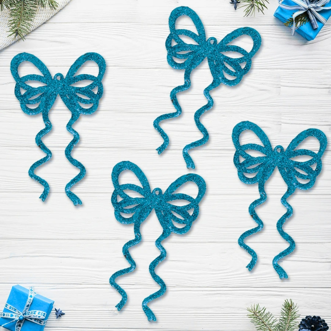 Fancy Blue Glitter Christmas Bows For Hanging Decor - 6 PC