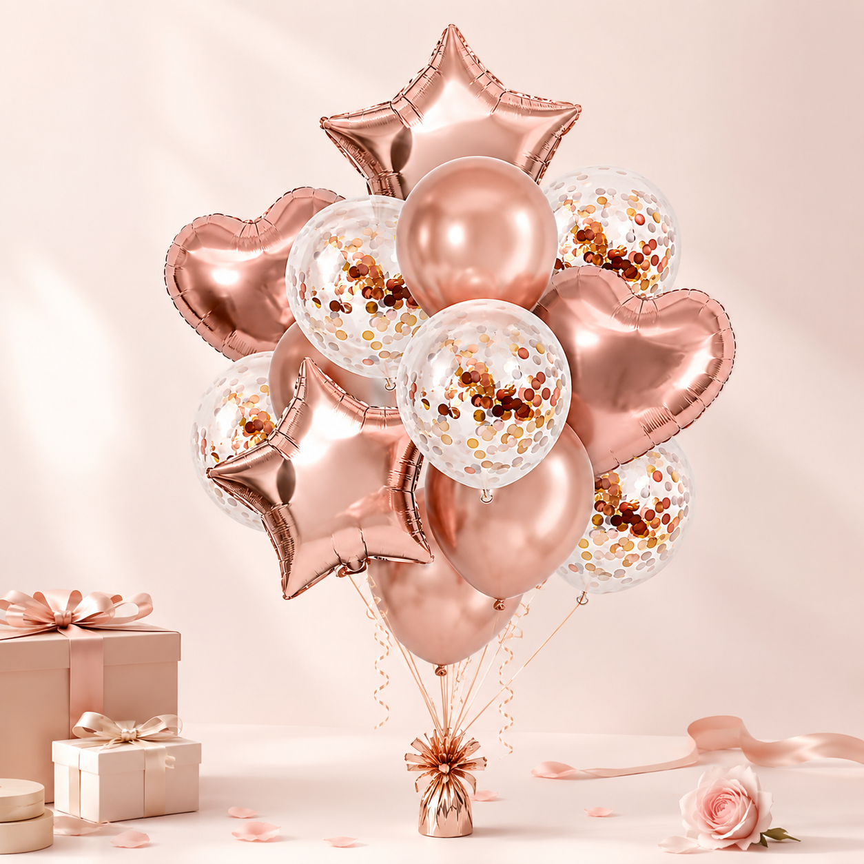 Rose Gold Star & Heart Confetti Balloons Kit - 14PC