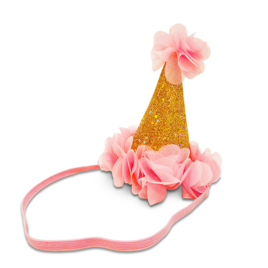 Golden Conical Hat with Pink Flower
