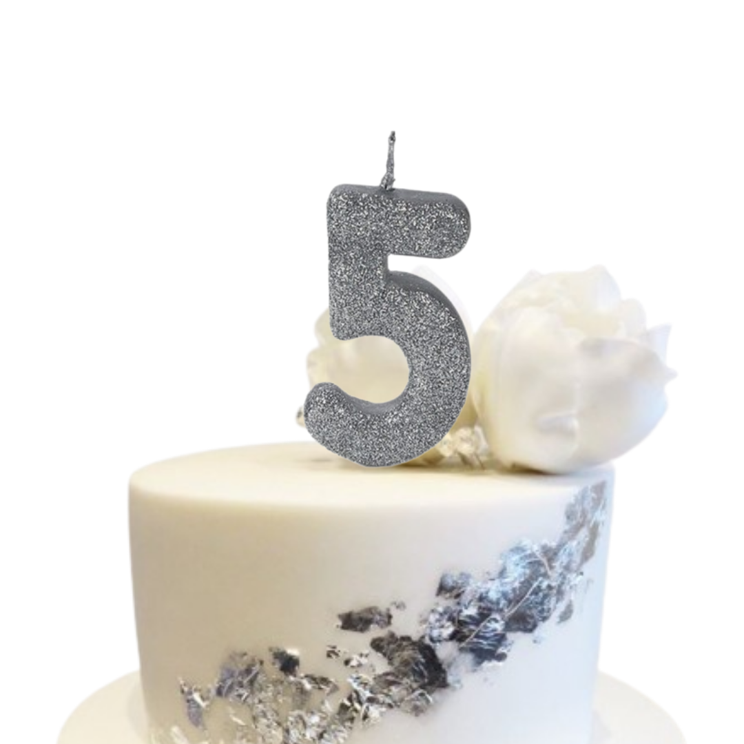 Number 5 Semi Glitter Silver & White Candle - 1PC