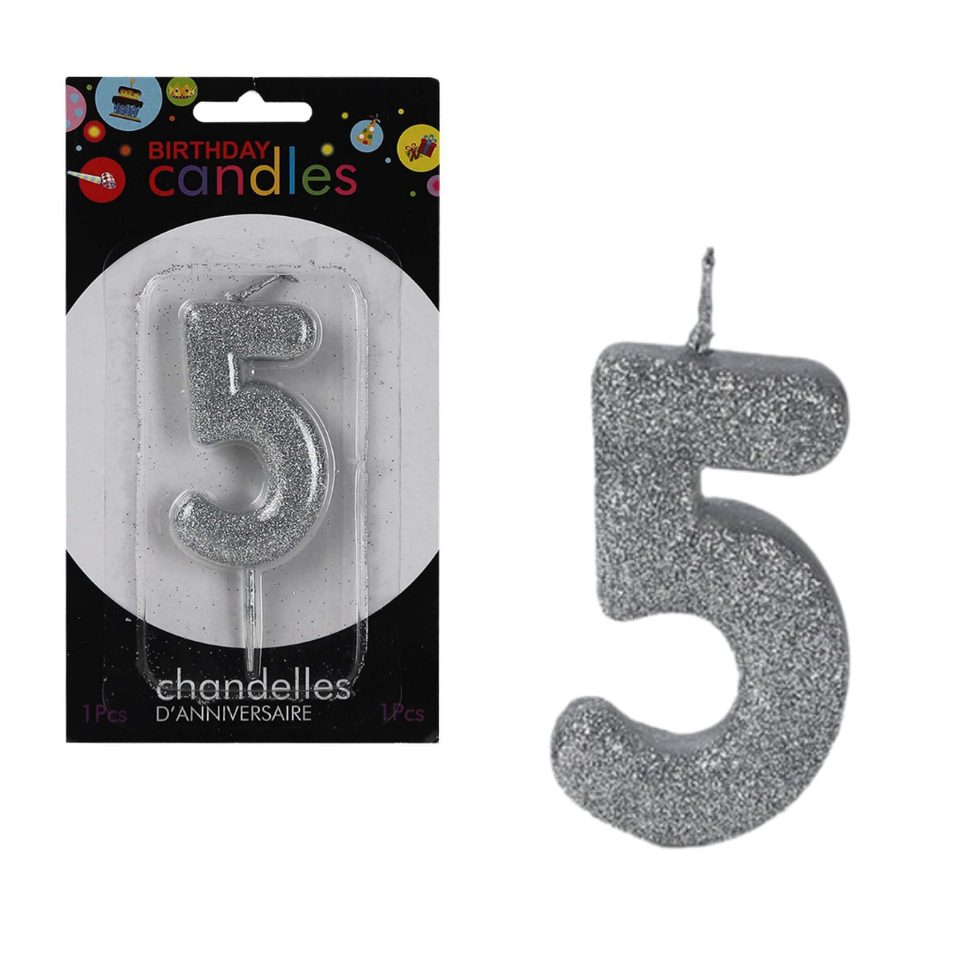 Number 5 Semi Glitter Silver & White Candle - 1PC
