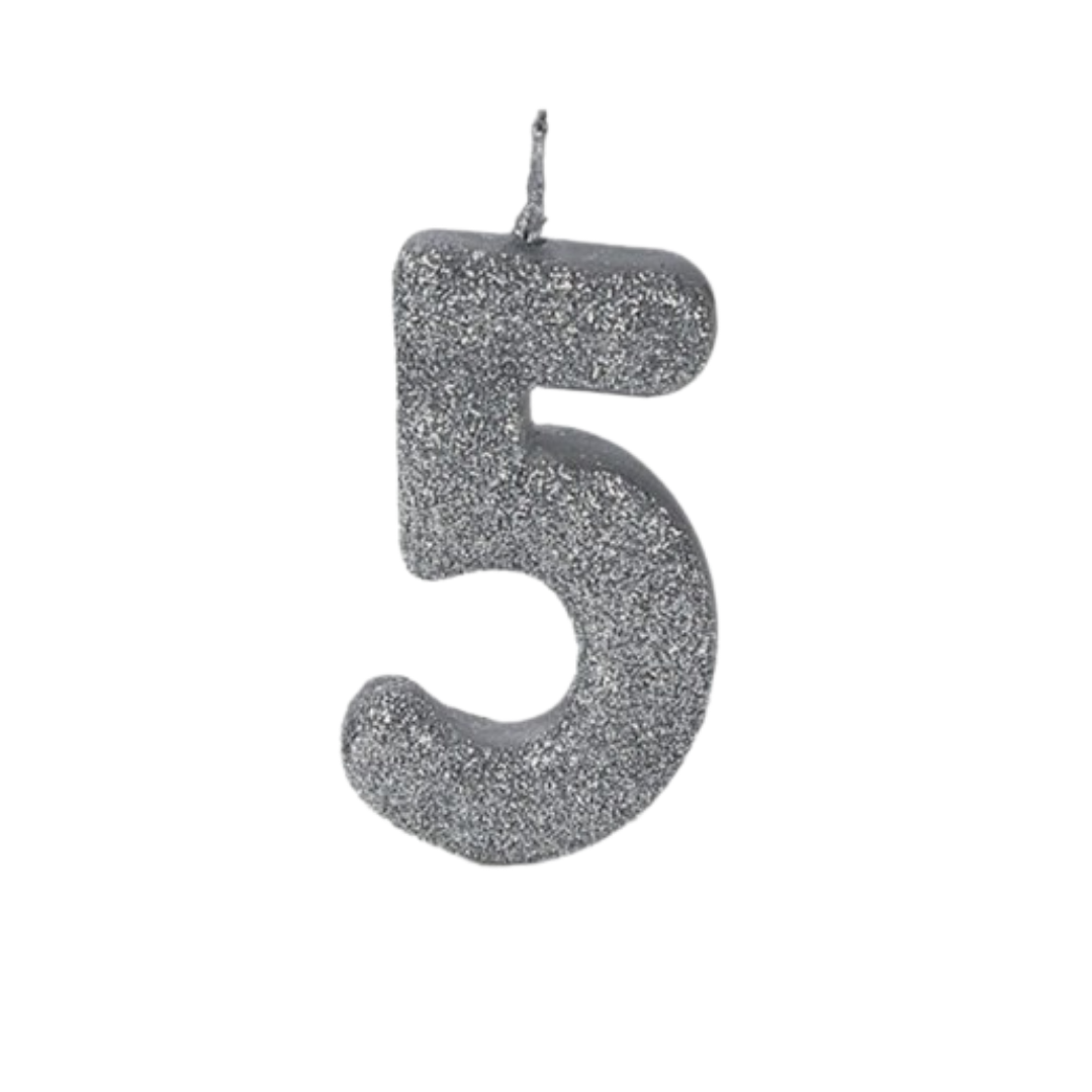 Number 5 Semi Glitter Silver & White Candle - 1PC