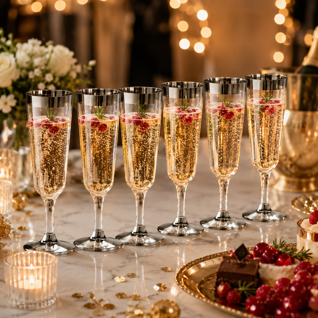 Clear Champagne Flute Glasses with Silver Rim - 6P