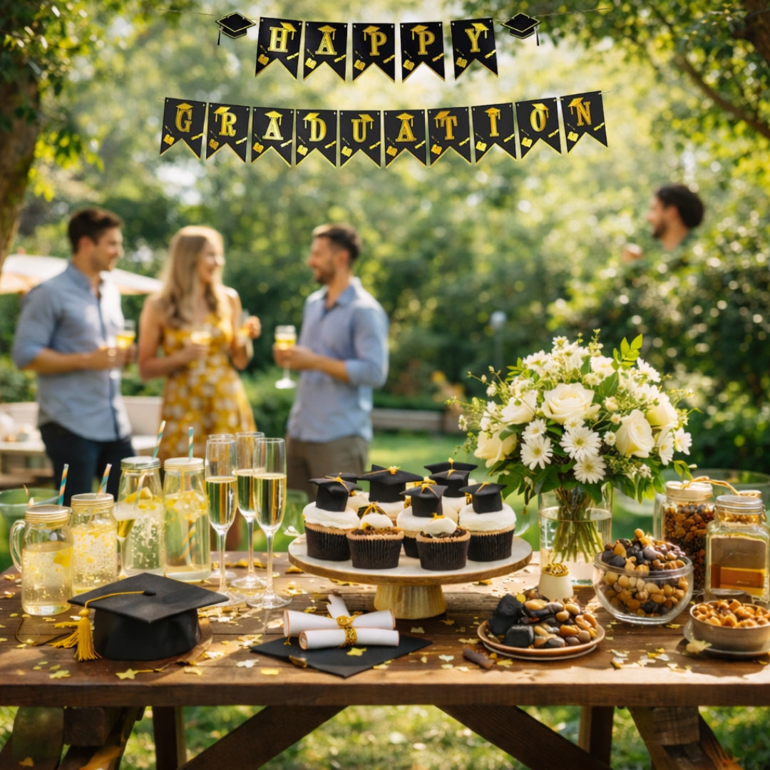 Happy Graduation Hat Banner Black & Gold