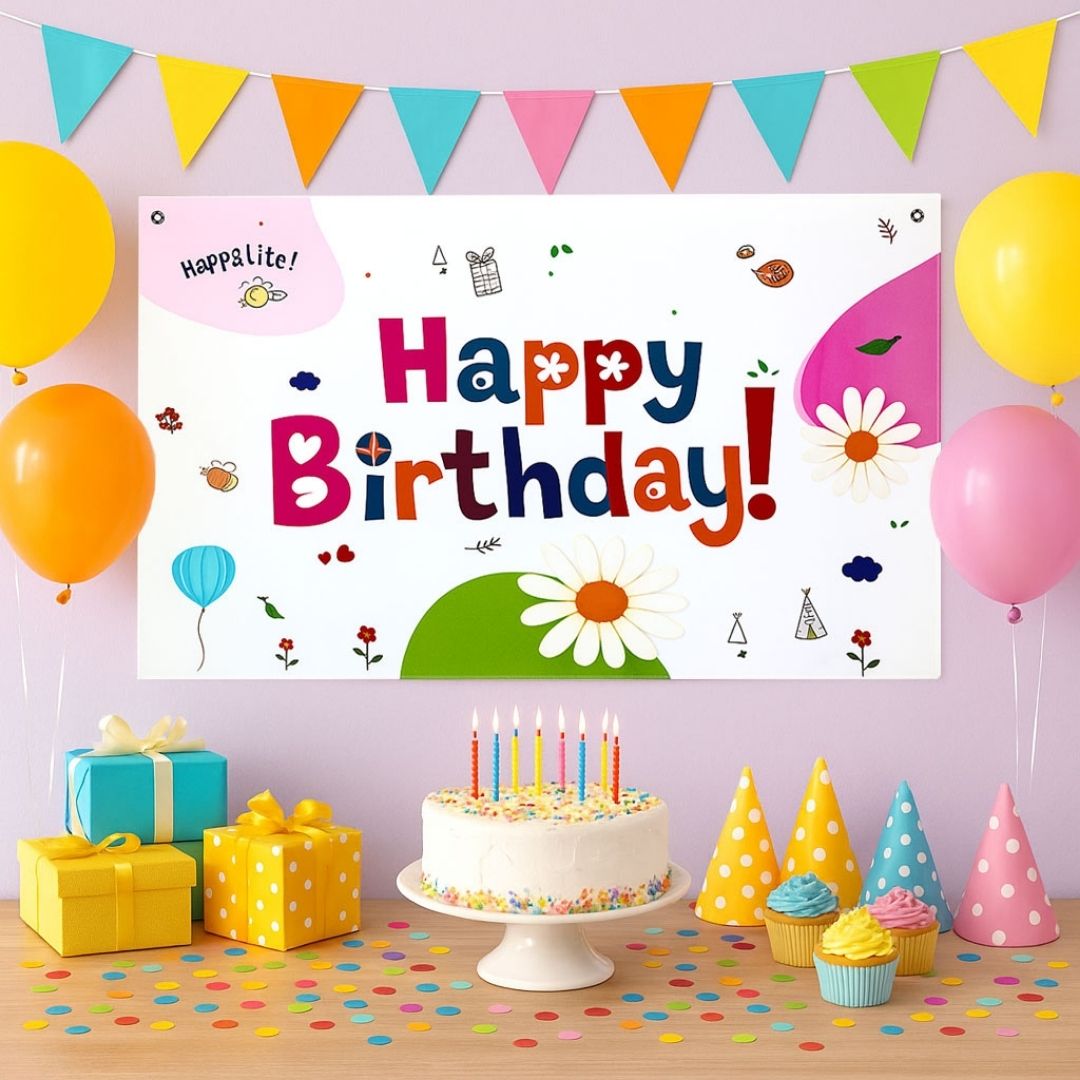 Floral Theme White Happy Birthday Banner for Wall Decor - 4FT X 2FT - 1PC