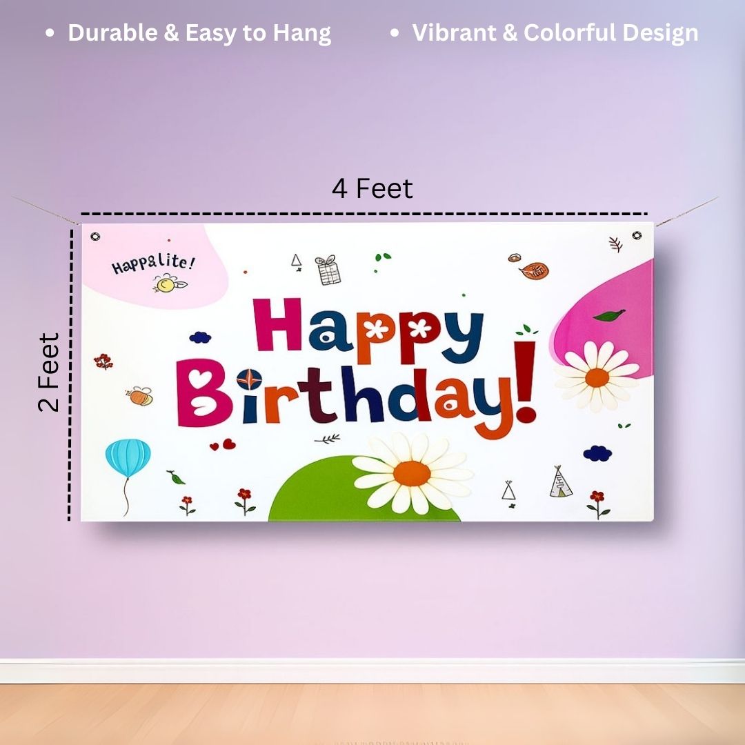 Floral Theme White Happy Birthday Banner for Wall Decor - 4FT X 2FT - 1PC