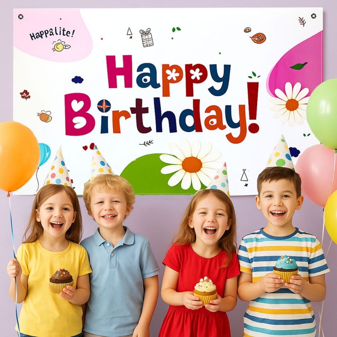 Floral Theme White Happy Birthday Banner for Wall Decor - 4FT X 2FT - 1PC