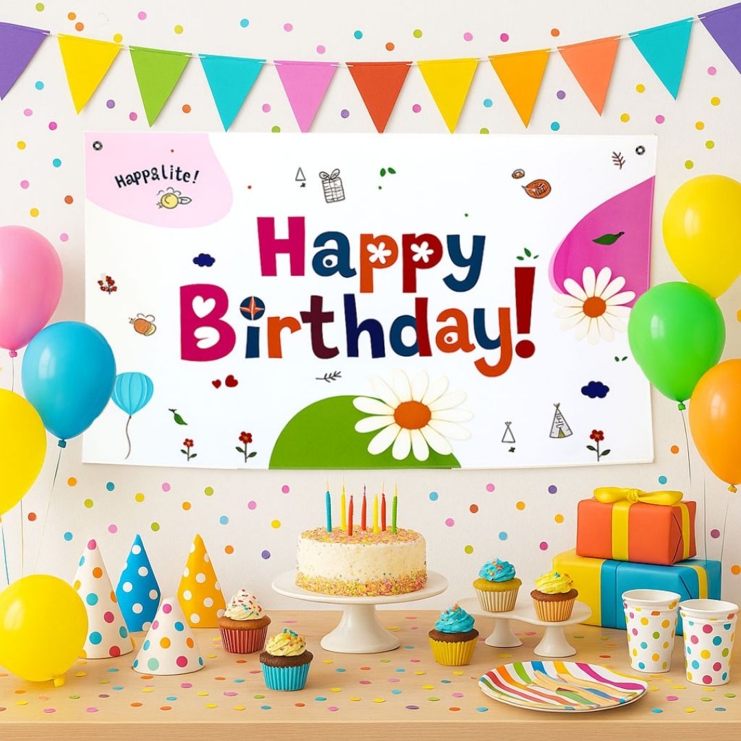 Floral Theme White Happy Birthday Banner for Wall Decor - 4FT X 2FT - 1PC