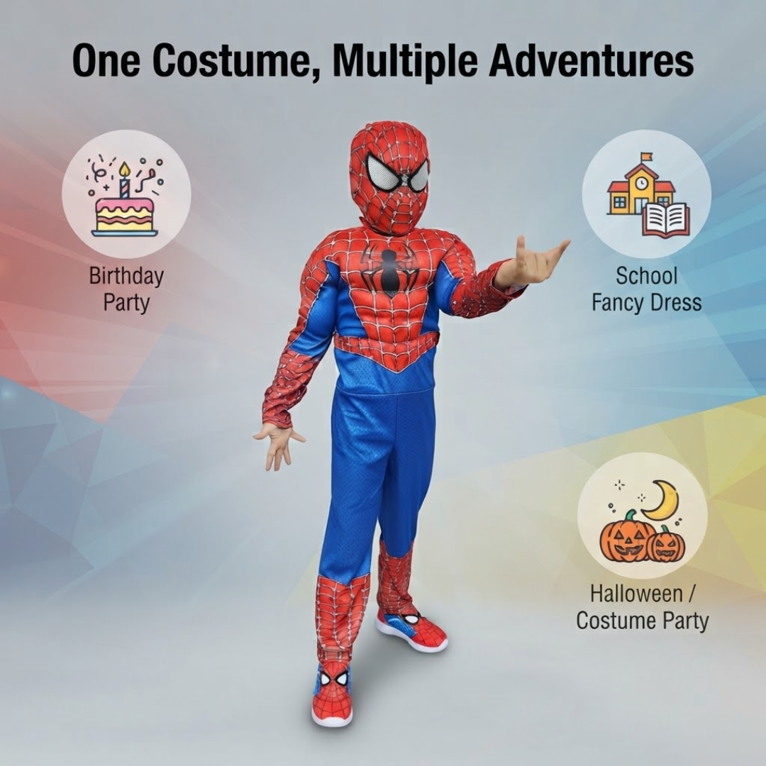 Deluxe Spiderman Muscular Costume with Mask for Kids - Superhero Fancy Dress - 1 Set