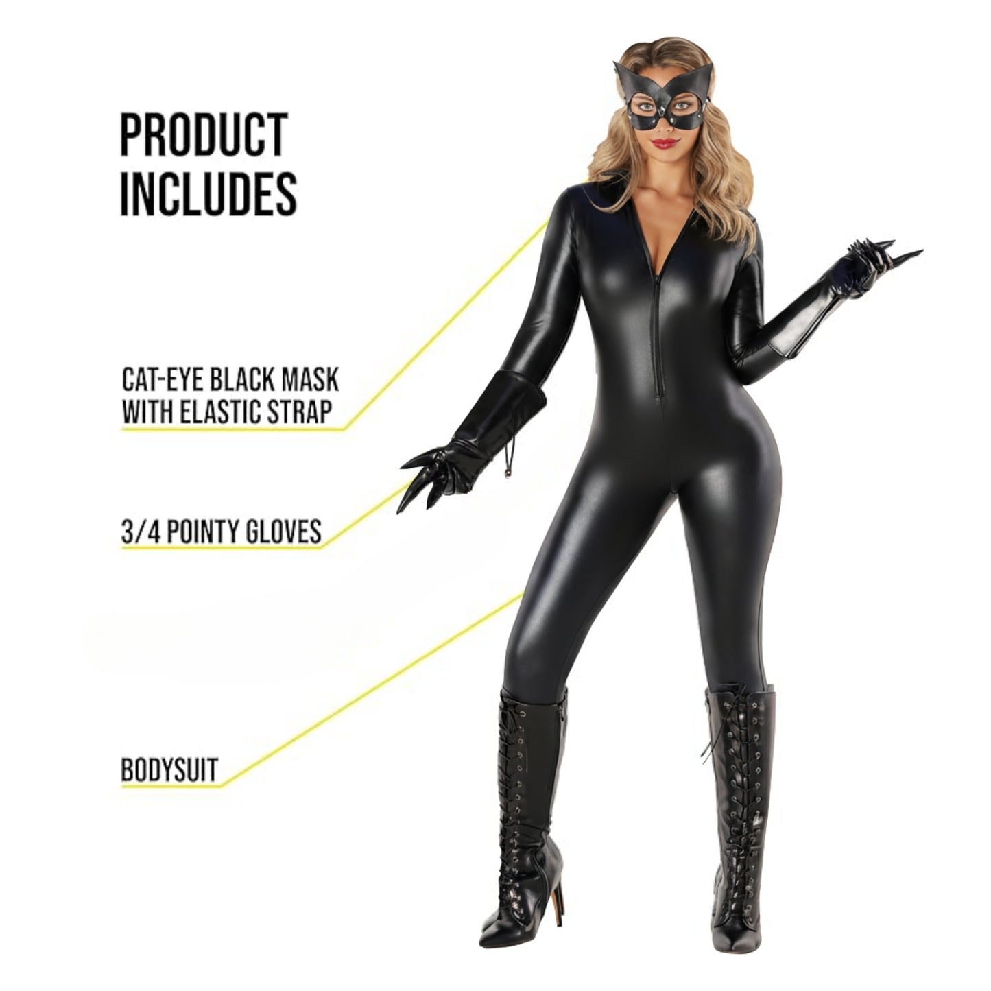 Adult Cat Leatherite Jumpsuit Costume w/Cat Mask - Size XL - Bust - 38 inches