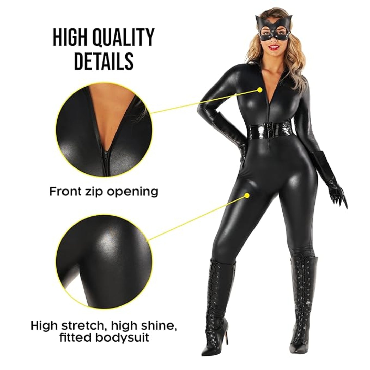 Adult Cat Leatherite Jumpsuit Costume w/Cat Mask - Size XL - Bust - 38 inches