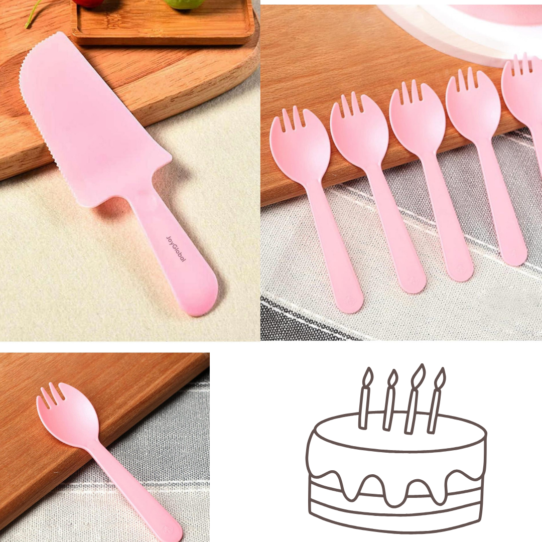 Pink Cake Knife, Forks & Disposable Plates Set - Set of 21 PC