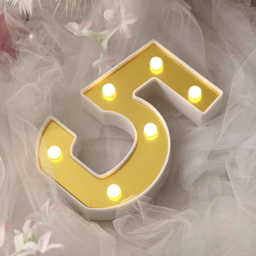 No.5 LED Golden Marquee, Light Up Marquee Number Sign for Weddings, Birthday, Christmas,Room Decoration,Bar Decoration, Battery Powered