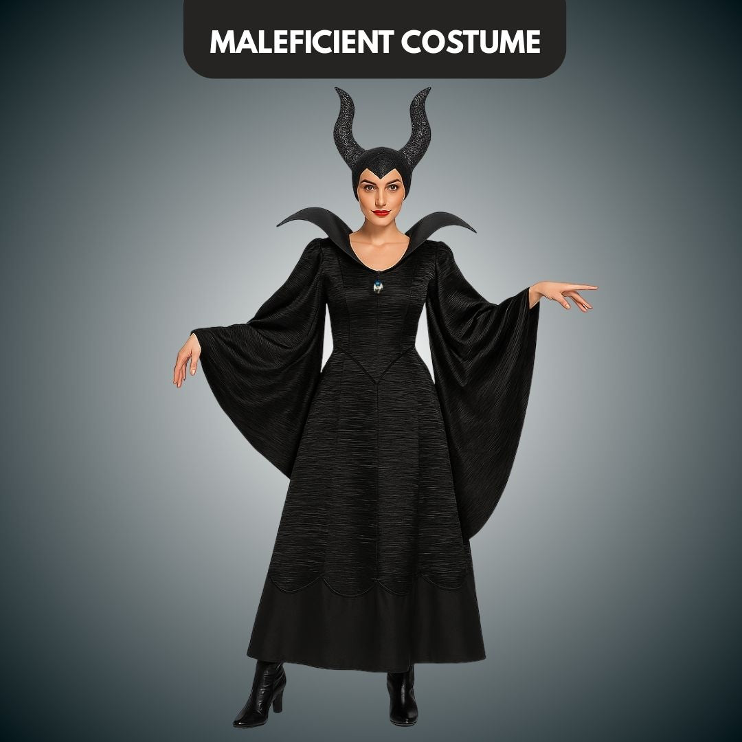 Maleficient Adult Costume with Glittery Headband - Elastic Fit (Bust 36 - 38 inches, Length - 50 inches)