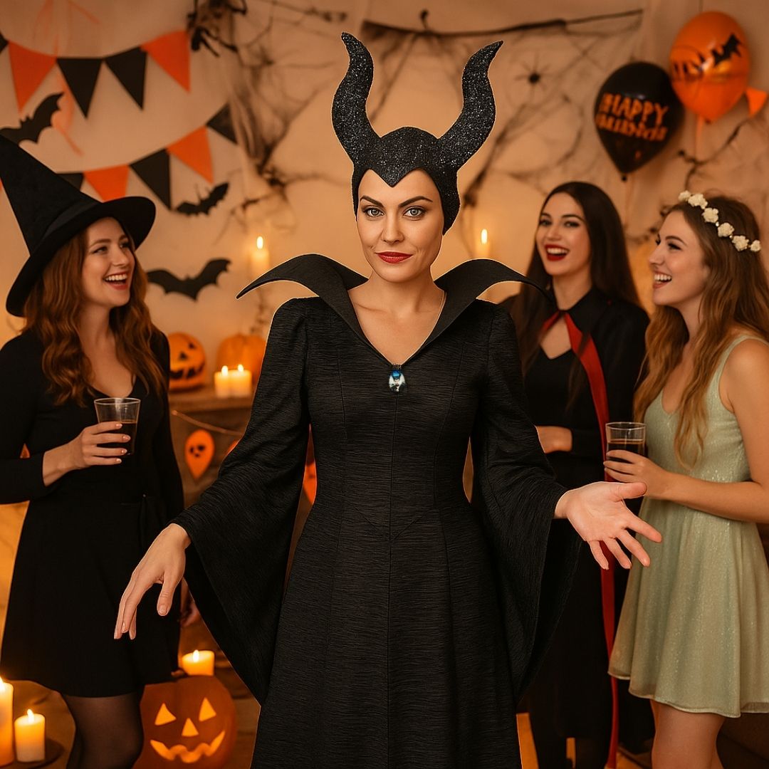 Maleficient Adult Costume with Glittery Headband - Elastic Fit (Bust 36 - 38 inches, Length - 50 inches)