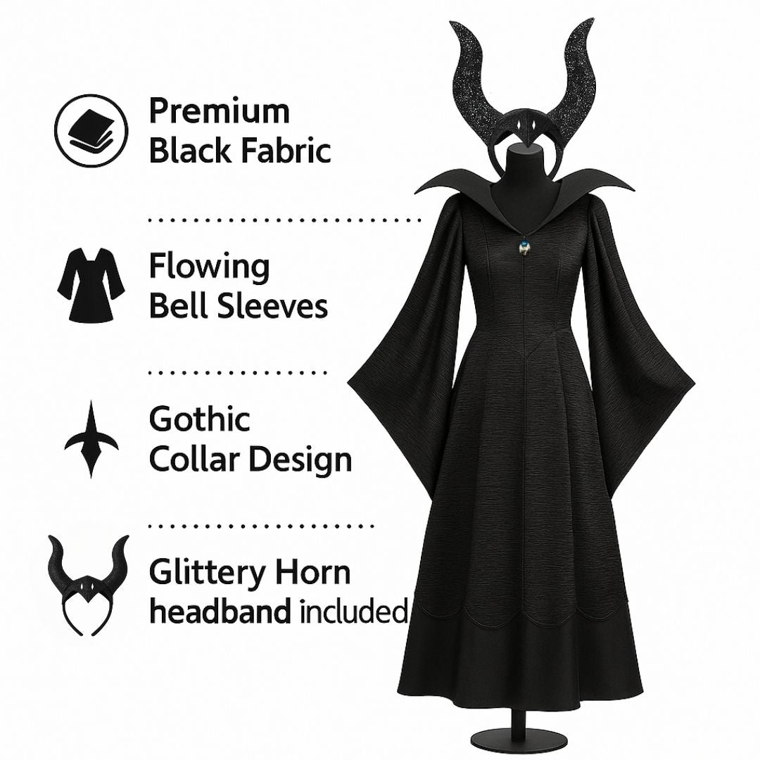 Maleficient Adult Costume with Glittery Headband - Elastic Fit (Bust 36 - 38 inches, Length - 50 inches)