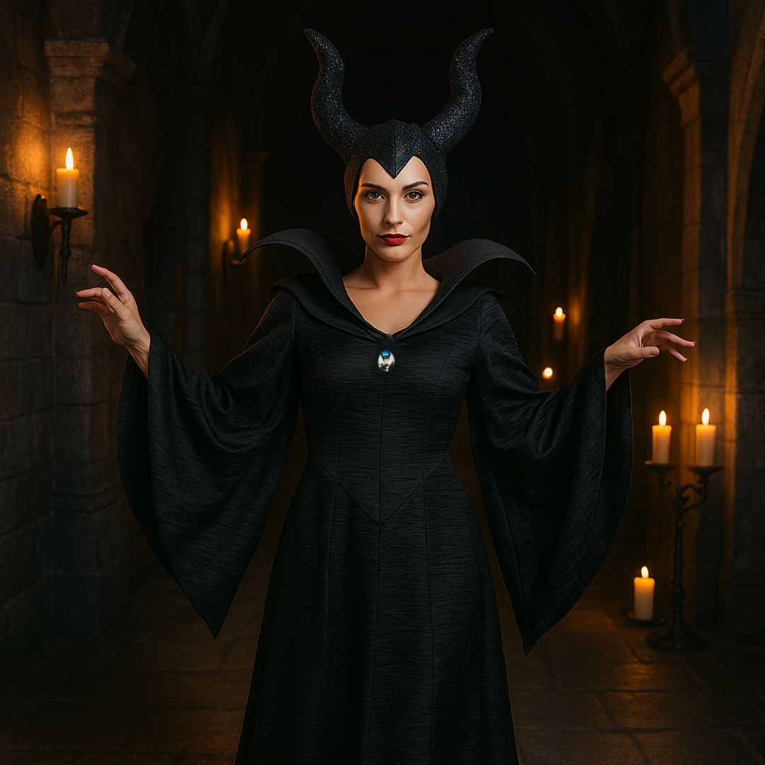 Maleficient Adult Costume with Glittery Headband - Elastic Fit (Bust 36 - 38 inches, Length - 50 inches)